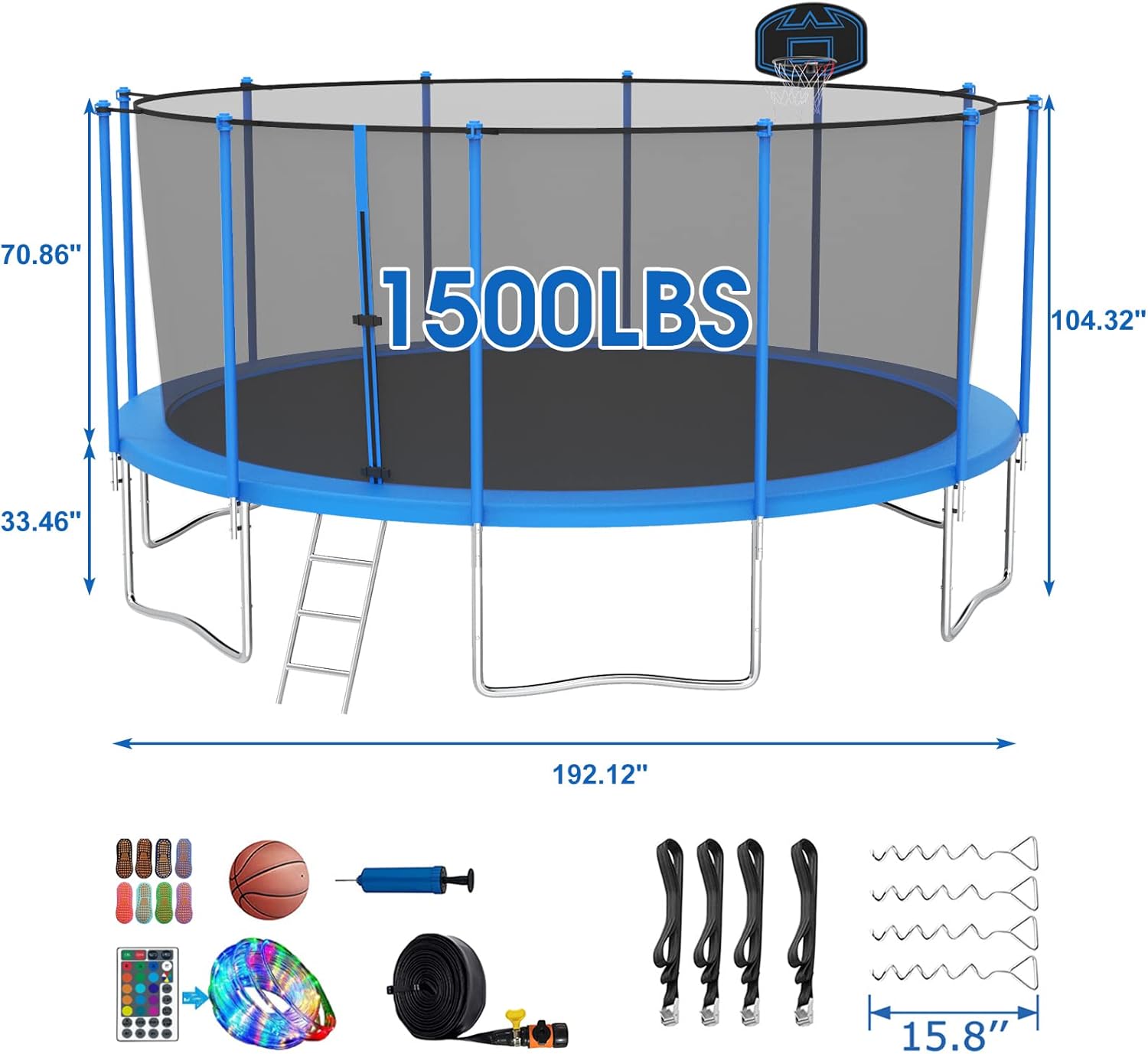 SKYUP Tranpoline 1500LBS 16 15 14 12 10 8 FT Tranpoline for 7-10 Kids and Adults, Windproof Outdoor Tranpoline with Enclosure Net, Basketball Hoop, Easy to Install & Last Long - ASTM Approved Blue 16FT