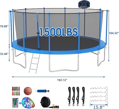 Miniatura 2 de SKYUP Tranpoline - Tranpoline de 1500 libras, 16, 15, 14 y 12 pies para niños y adultos, resistente al viento con red de cierre, aro de baloncesto,