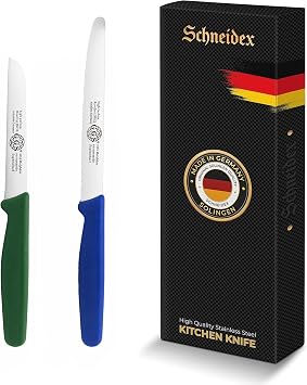Serrated Paring Knife Set, 2 German Solingen Kitchen Knives for Tomatoes, Fruit, Vegetables, Multi