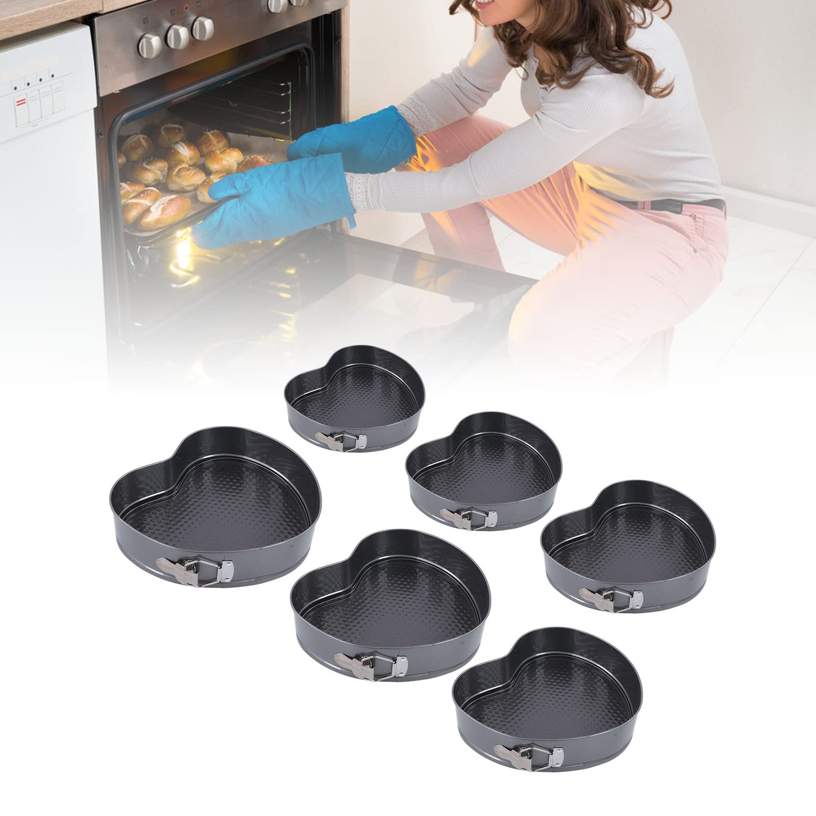 Juego de 6 moldes desmontables con forma de corazón, antiadherentes y de apertura lateral; molde para hornear en acero inoxidable con calentamiento uniforme y cierre a presión,