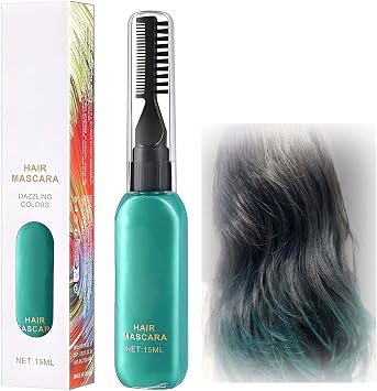 Temporary Hair Colour Cream with Built-In Brush in Dazzling Teal - Quick-Drying Non-Sticky Gel for Root Coverage, Grey Hair Concealment, Cosplay, Party and Festival Looks, Washable 15ml Mascara