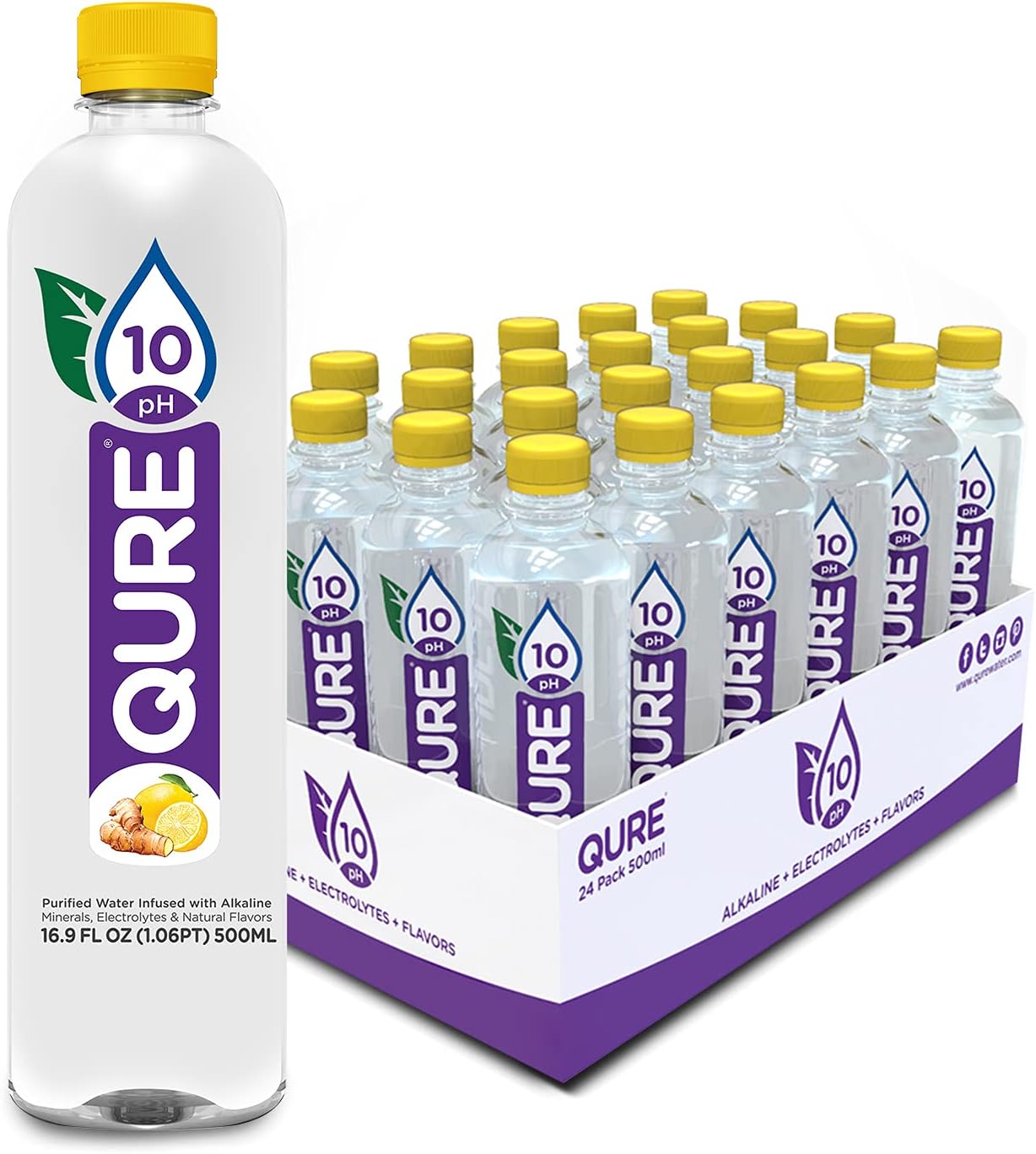 Qure Alkaline Water, Lemon Ginger, 24 Count