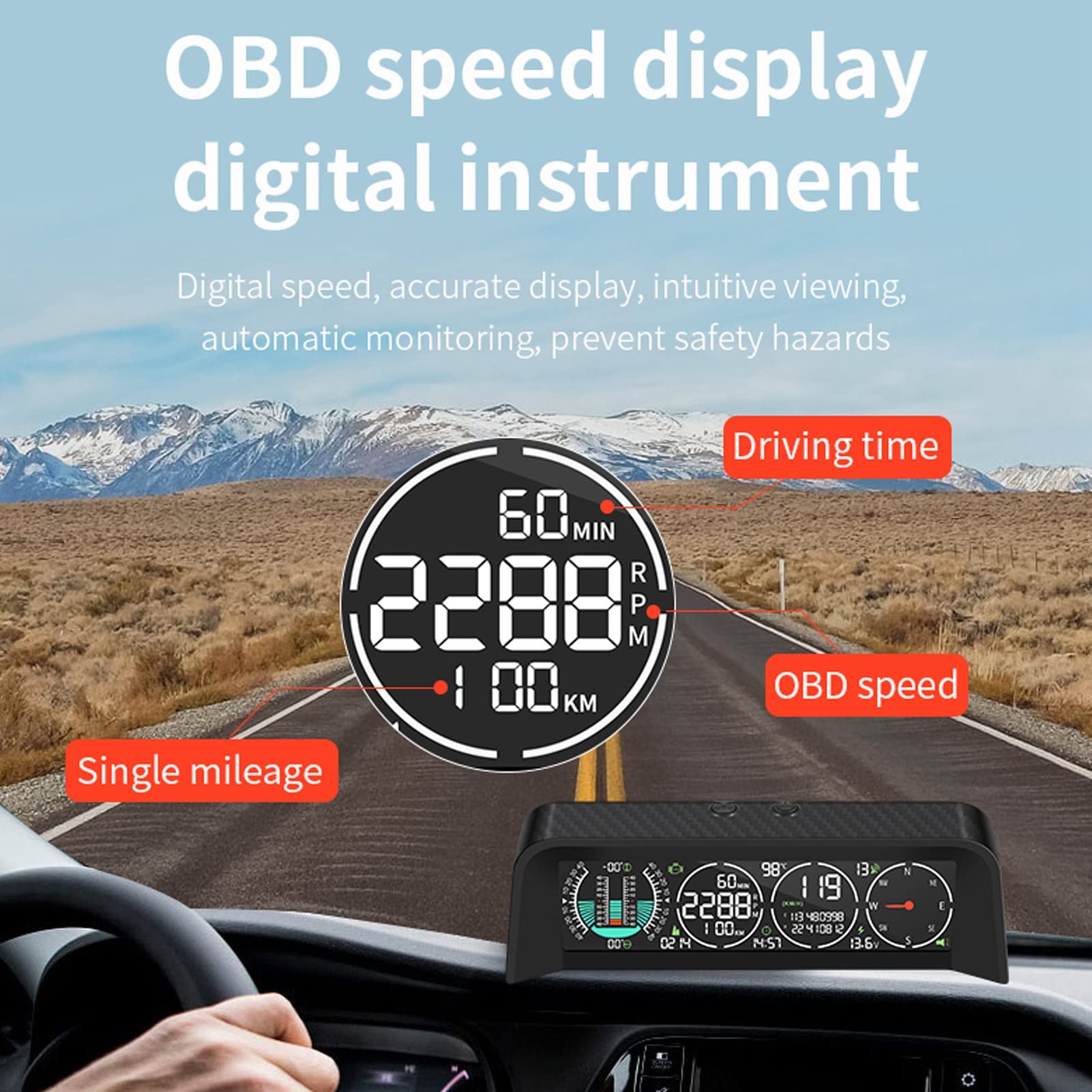 Wyświetlacz LCD do Przedniej Szyby Samochodu HUD, Inteligentny Miernik OBD, Interfejs OBD Prędkościomierza, Prędkość, Obroty Silnika, Pomiar Przebiegu, Temperatura Wody, dla Wszystkich Pojazdów