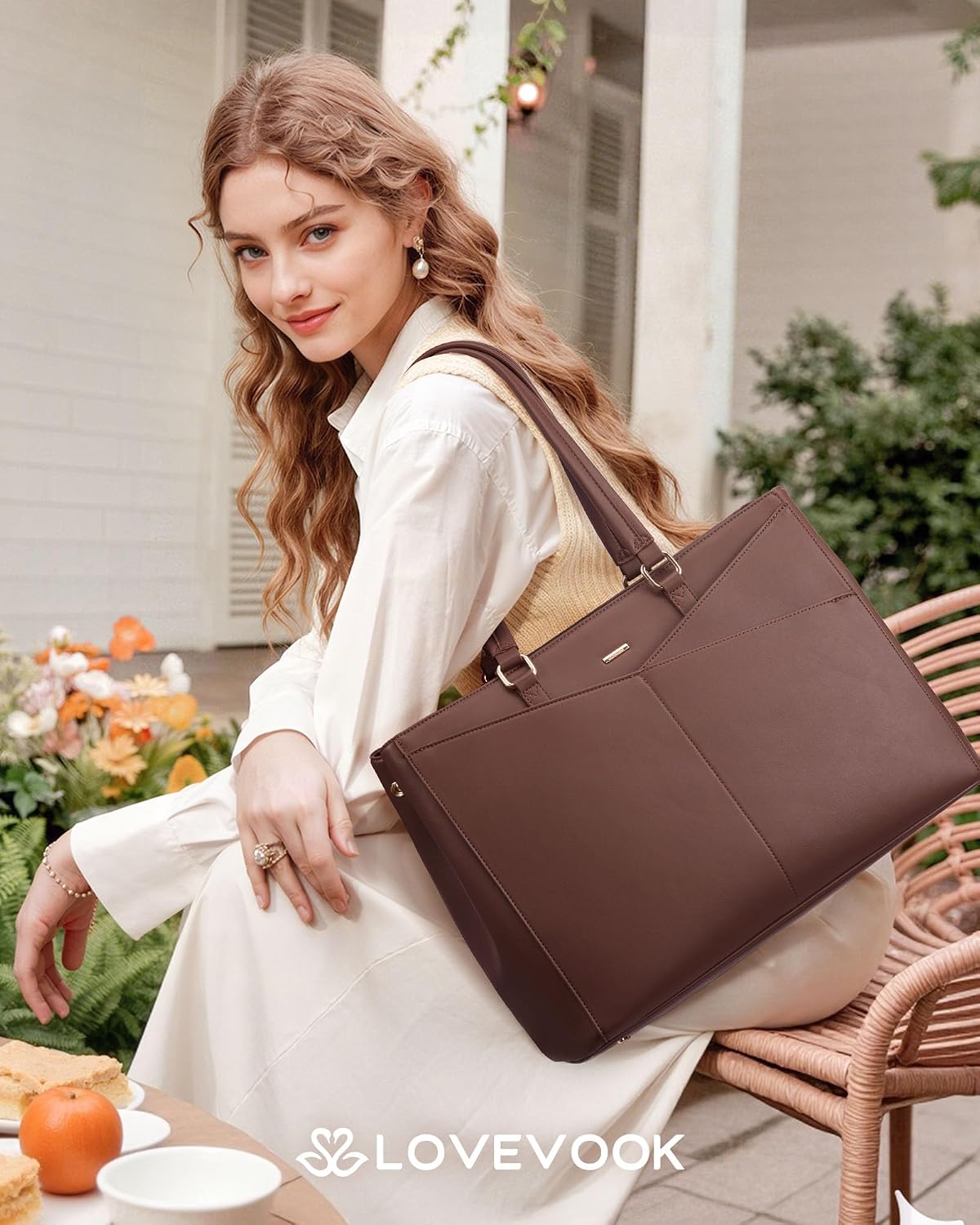 LOVEVOOK Lunch Tote Bag for Women, 3 in 1 Work Bag with Leakproof Cooler Compartment, Laptop Bag with Large Cup Holder for Office, College, Casual, Cinnamon