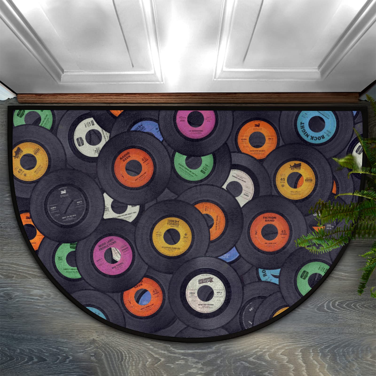 AUUXVA Music Record CD Pattern Half Round Door Mat Indoor Entrance, Colorful Style Non Slip Absorbent Doormats, 24 x 36 Wear Resistant Semi Circle Floor Mats Area Rugs for Home Kitchen Patio