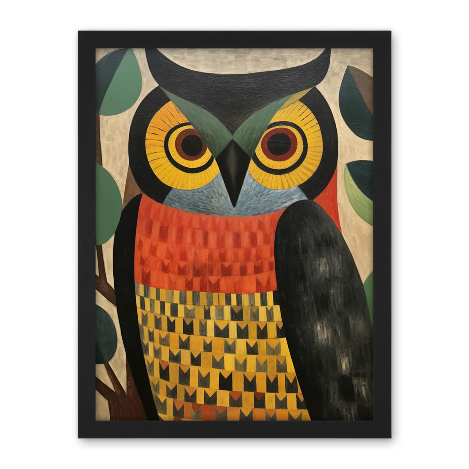 Artery8 Folk Art Geometric Owl Boho Colours Yellow Coral Green Bold but Subtle Artwork Framed Wall Art Print 18X24 Inch
