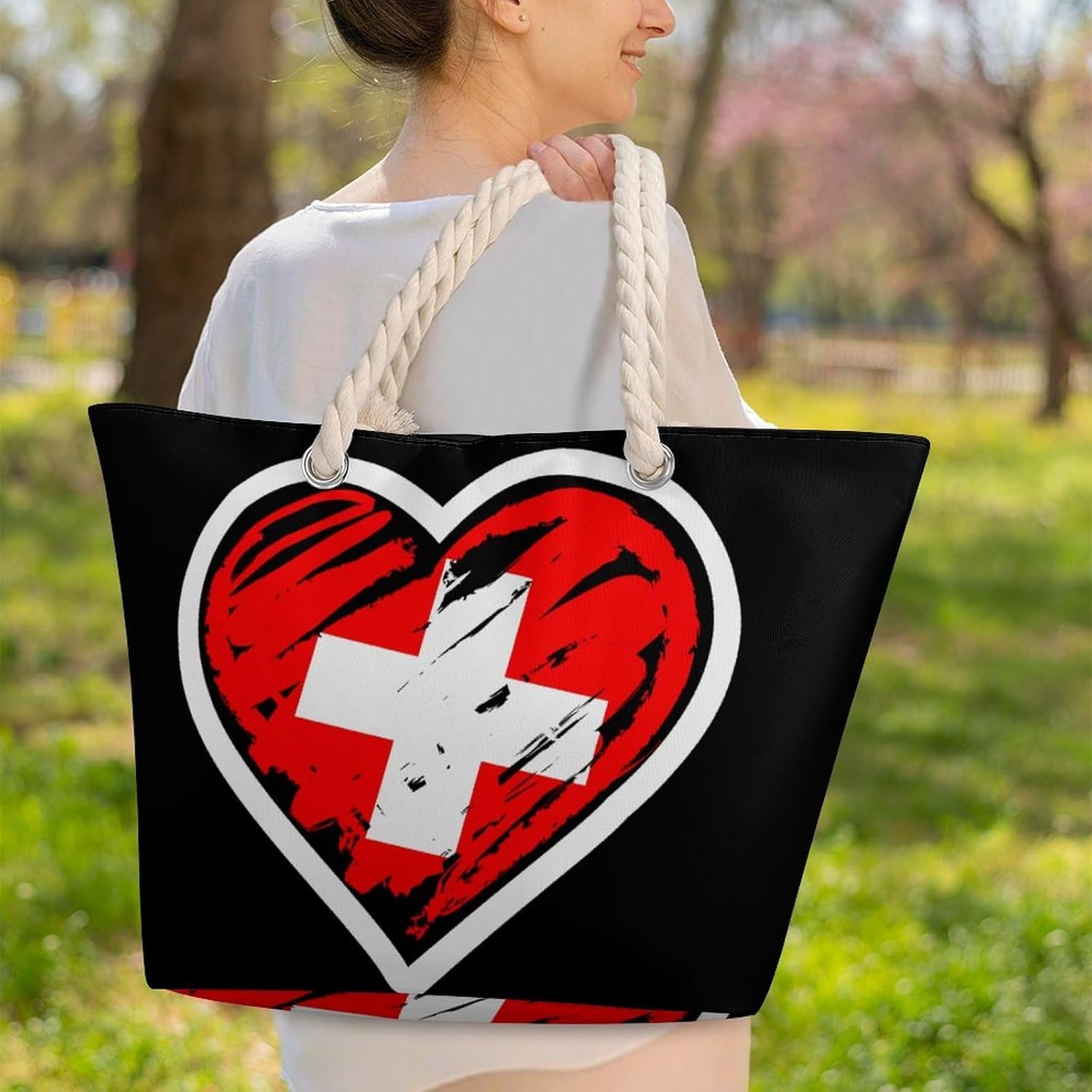 Large Tote Bag for Women Shoulder Bag with Zipper Reusable Multipurpose Handbag with Hemp Rope Shopping Grocery Bags