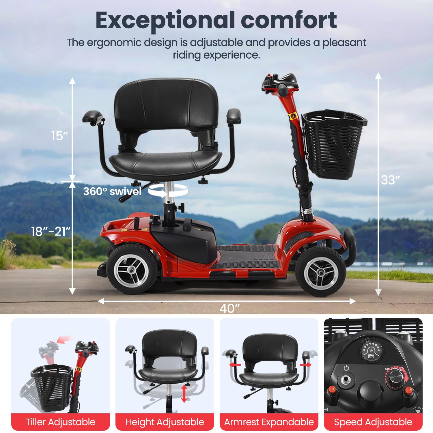 Patinete eléctrico de movilidad – Vehículo compacto resistente de 4 ruedas alimentado por batería para viajes, adultos y personas mayores – Incluye cesta y cargador