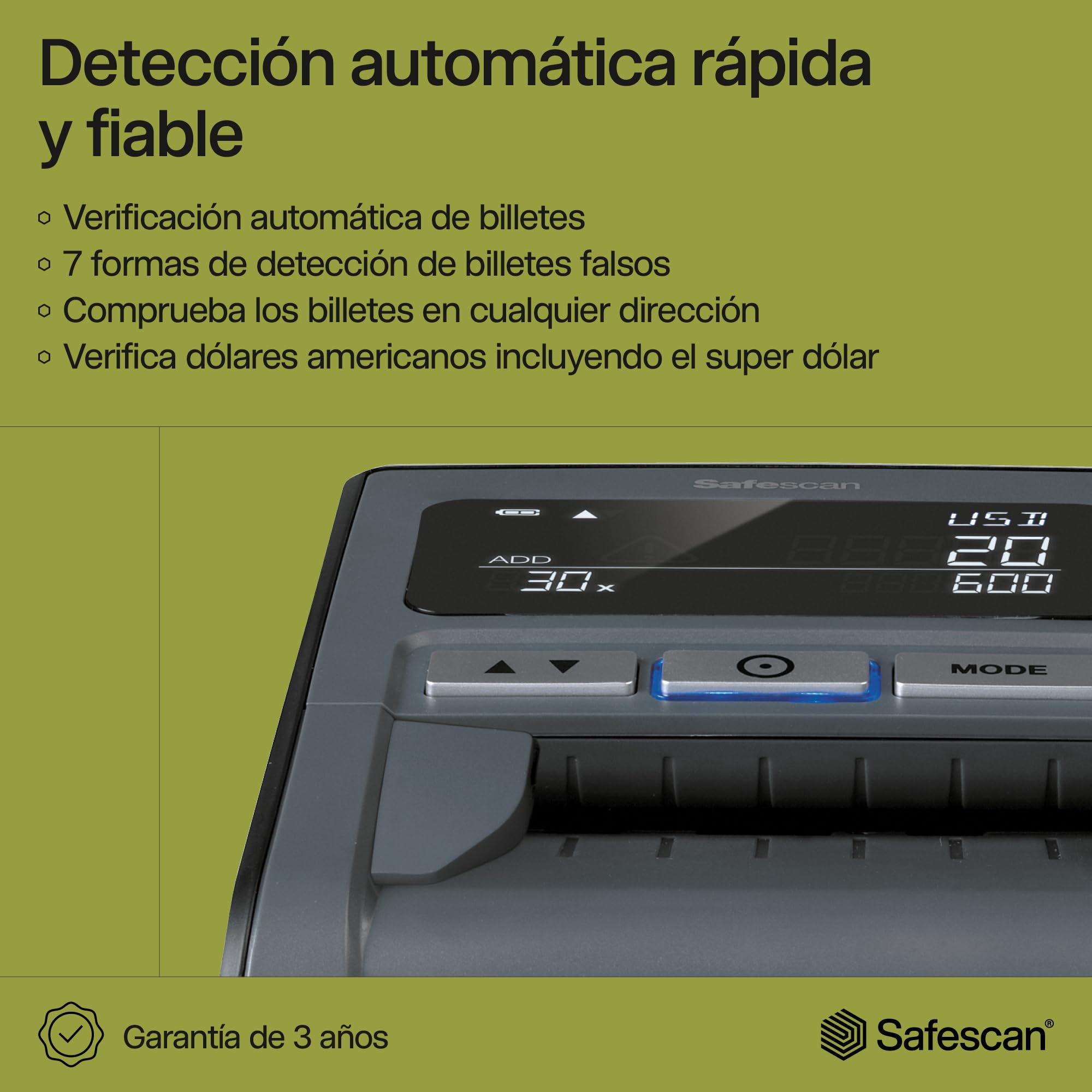 Safescan 185-S Detector de billetes falsos automático para verificar rápidamente billetes - Detector billetes falsos con 7 puntos de detección - Detector de billetes falsos 100% fiable