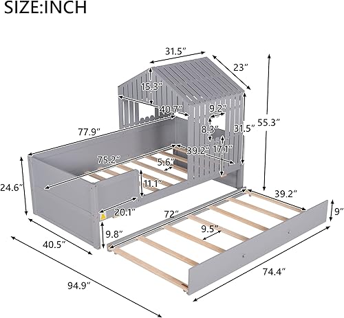 Miniatura 2 de ODC Cama tipo loft con nido tamaño individual marco de cama para niños techo y ventana plataforma de madera maciza con cama nido para niños