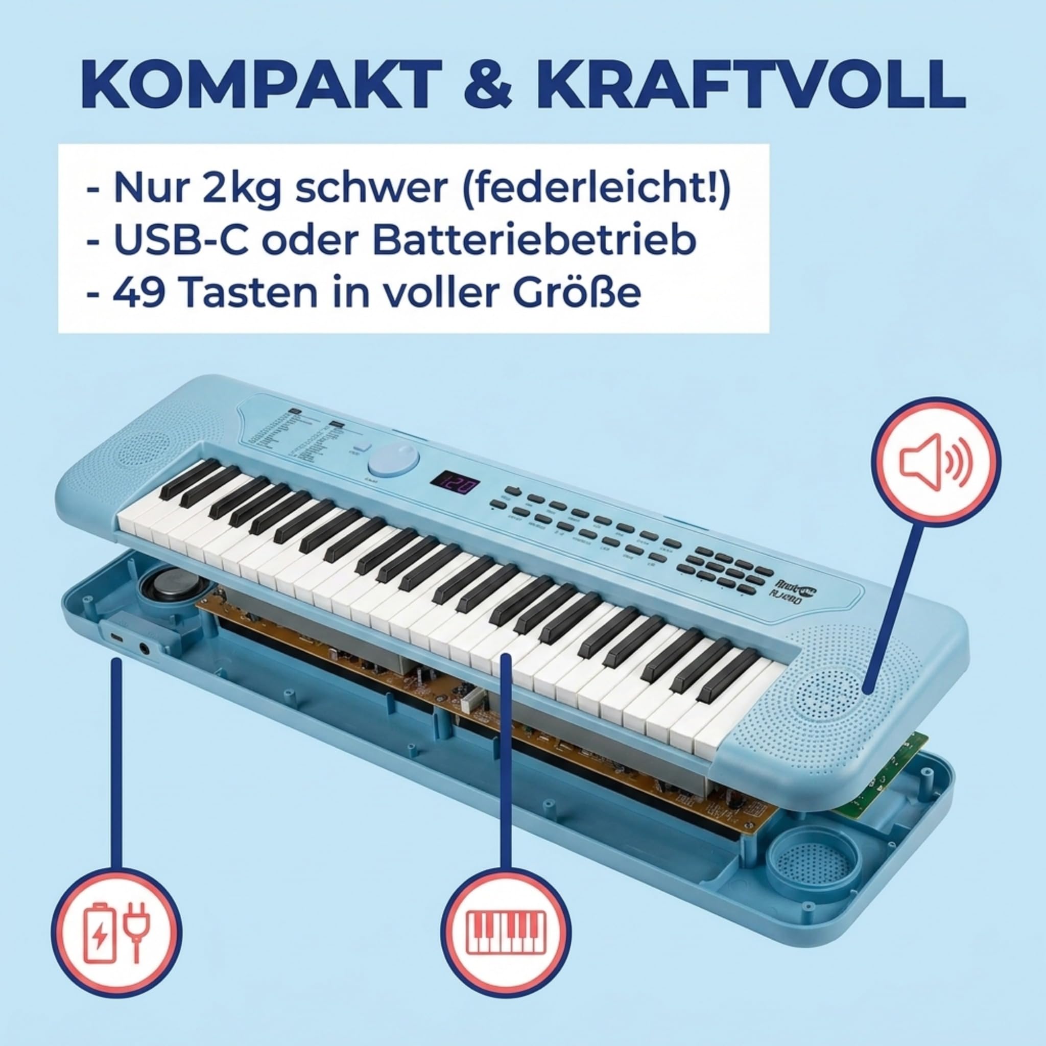 RockJam RJ490BB Mini Keyboard Piano mit 49 Tasten, tragbares elektronisches Synthesizer Keyboard Babyblau mit USB-C, Lautsprechern, Kopfhöreranschluss, 200 Klängen und Rhythmen
