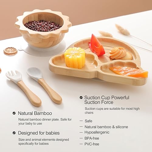 Miniatura 10 de Juego de cuencos de bambú con ventosas para bebés y niños pequeños, plato dividido para alimentos con tenedor y cuchara de silicona, juego de