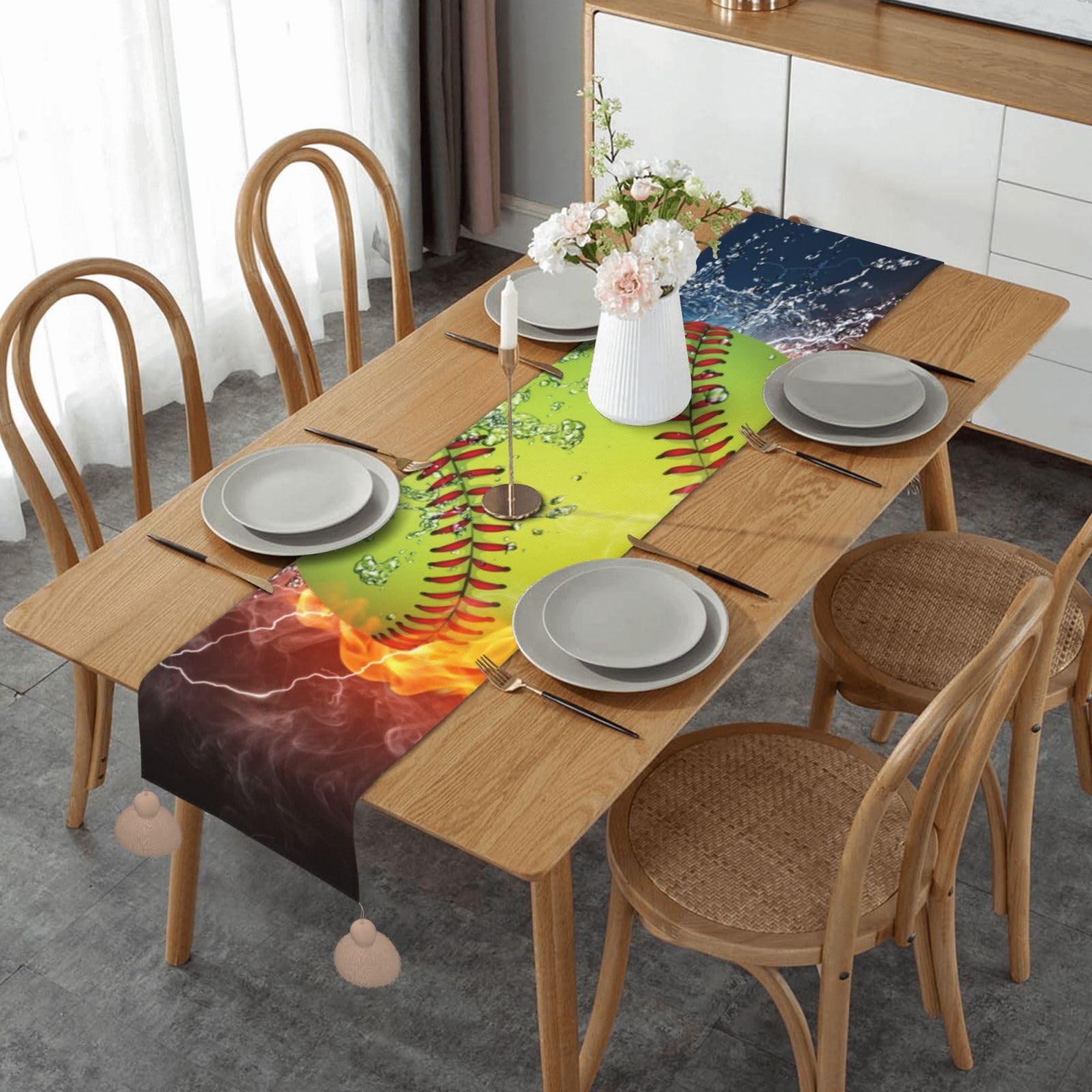 Chemin de table en lin motif balle molle feu et eau 35x152 cm pour décoration