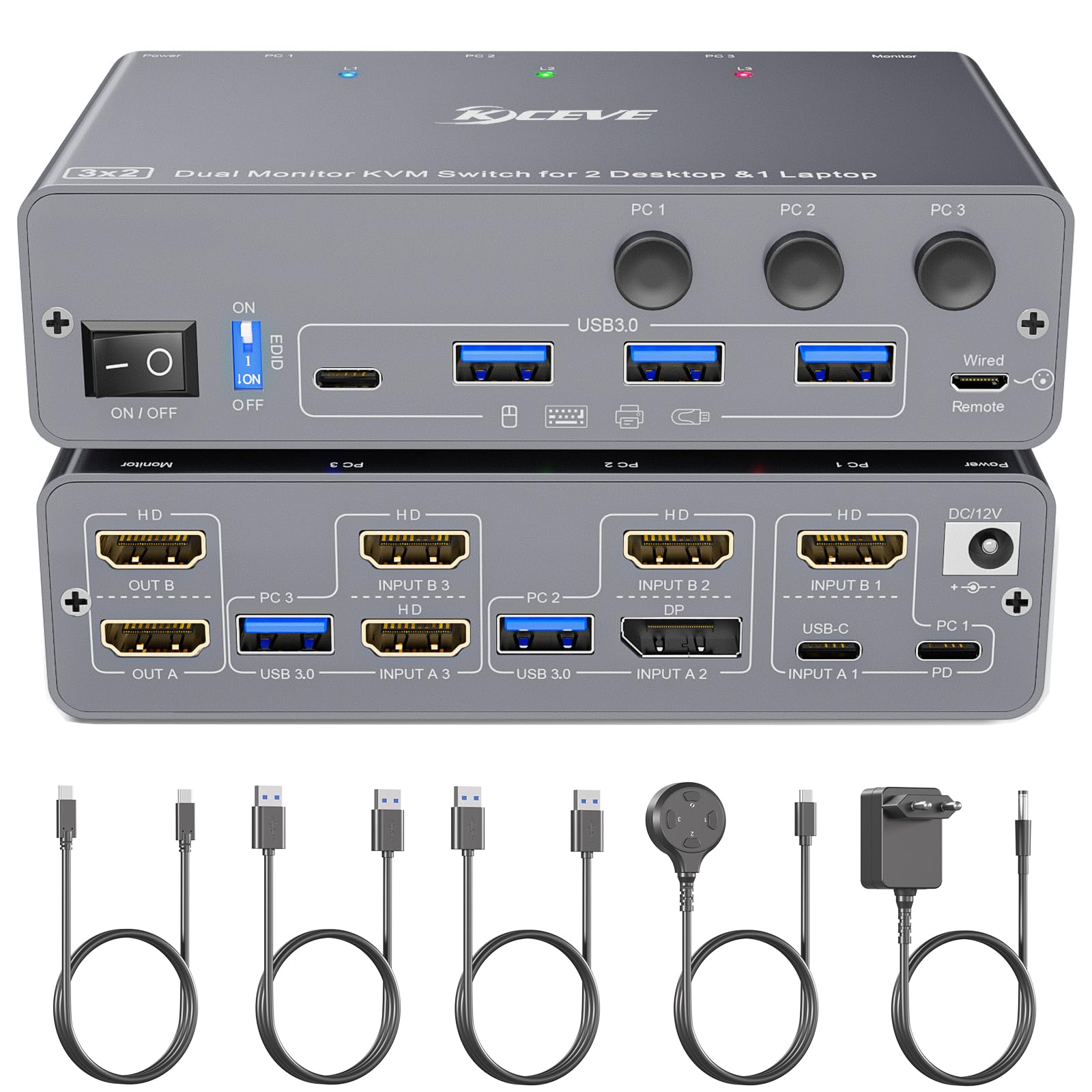 4K/1080p @60Hz USB C HDMI DP KVM Switch 2 PC 1 laptop 2 monitory, 4 porty USB 3.0, symulacja EDID, PD 73 W do laptopa, w zestawie przewodowy pilot zdalnego sterowania i kabel USB
