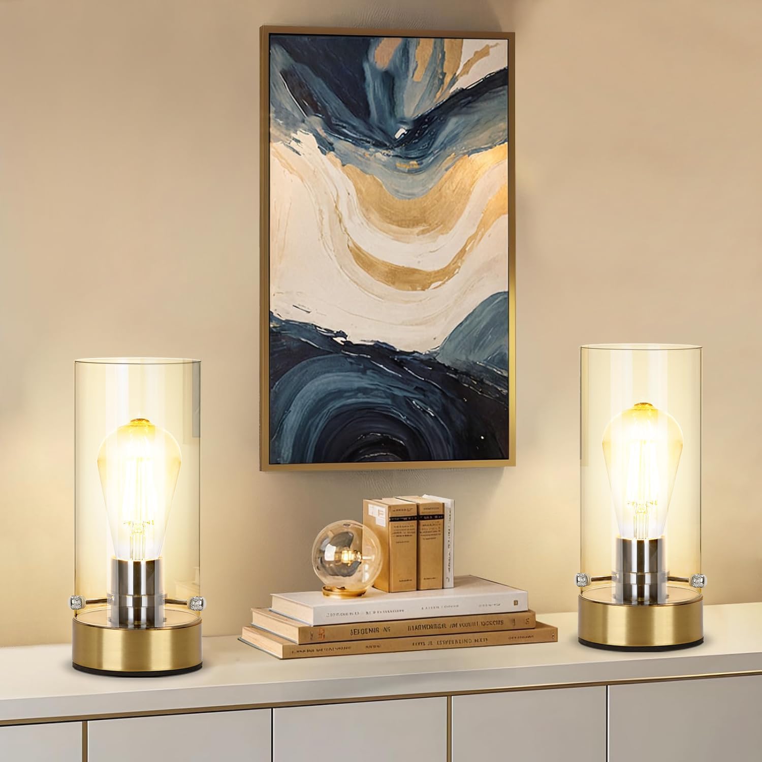 Table Lamp for Bedroom Living Room, Bedside Modern Nightstand Lamp with Glass Lamp Shape, 2700K 6W Glass Bulb Included(Gold).