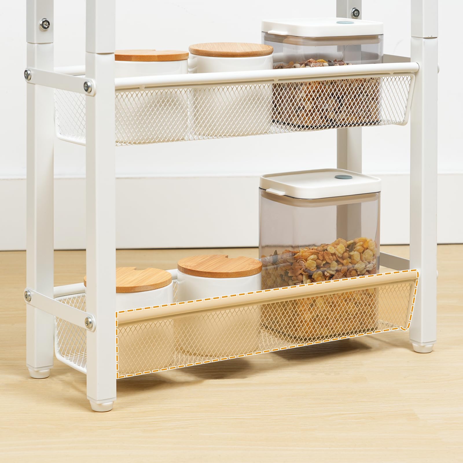 HOOBRO Carro de Servicio de 4 Niveles con Ruedas y Patas Ajustables, Carrito con Ruedas y Paneles Laterales, Carro de Cocina, Carrito de Bar, para Cocina, Salón, Blanco y Madera Natural EWN71TC01