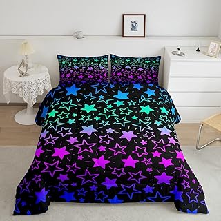 Feelyou Cartoon Star Print Comforter Colorful Star Bedding Set Blue Green Purple Comforter Set for Boys Girls Teens Decor Kawaii Design Duvet Set Twin Size Boys