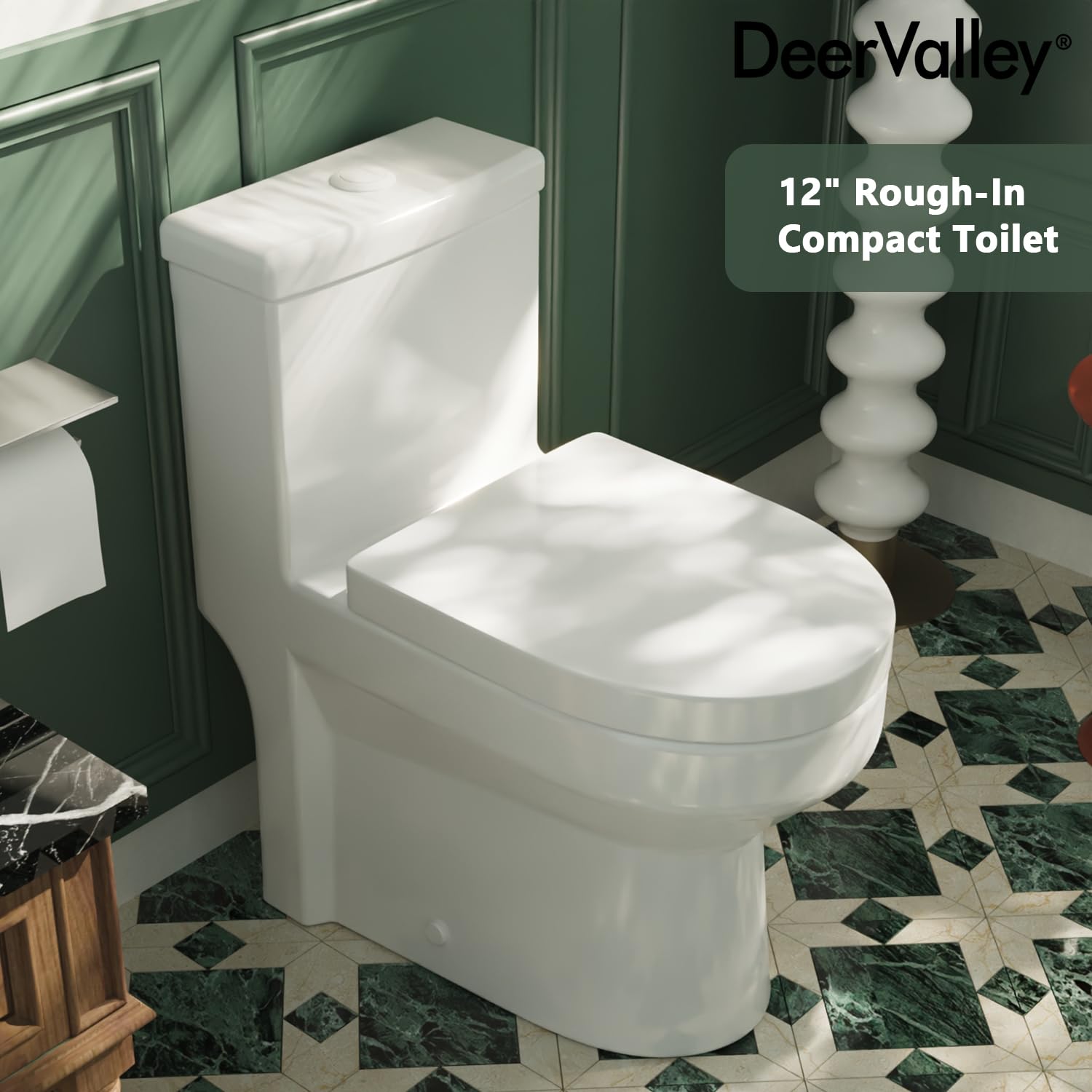 DeerValley Toilettes compactes monobloc, 30,5 cm, avec siège à fermeture douce, bouton blanc, idéal pour les petits espaces de salle de bain