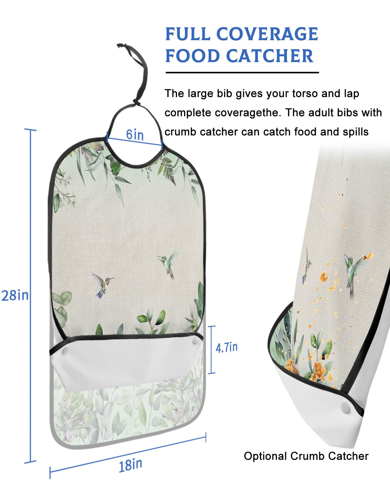 LEOKOTI Green Botanical Adult Bibs for Eating, Waterproof Bibs with Food Catcher & Snap Closure, Watercolor Eucalyptus Leaves Birds Rustic Washable Clothing Protectors Adult Bibs for Elderly