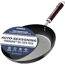 12 Inch Auto-Seasoning Large Carbon Steel Skillet, Pre-Seasoned Deep Nitrided Carbon Steel Pan for Family Size Meals and Professional Searing, Wooden Handle, PFAS & PFOA-Free