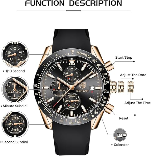 Miniatura 7 de BY BENYAR - Reloj para hombre, cronógrafo analógico de cuarzo, impermeable, luminoso, de diseñador, relojes de pulsera para hombre, para negocios,