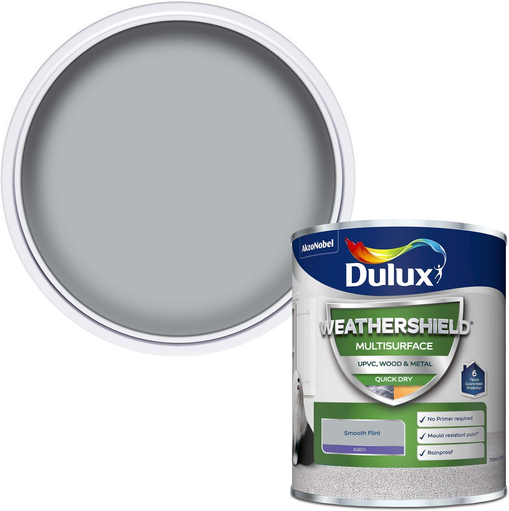 Dulux Weathershield Quick Dry Multi Surface Paint. Satin. Smooth Flint. 750ml for uPVC, wood and metal (no primer/undercoat required)
