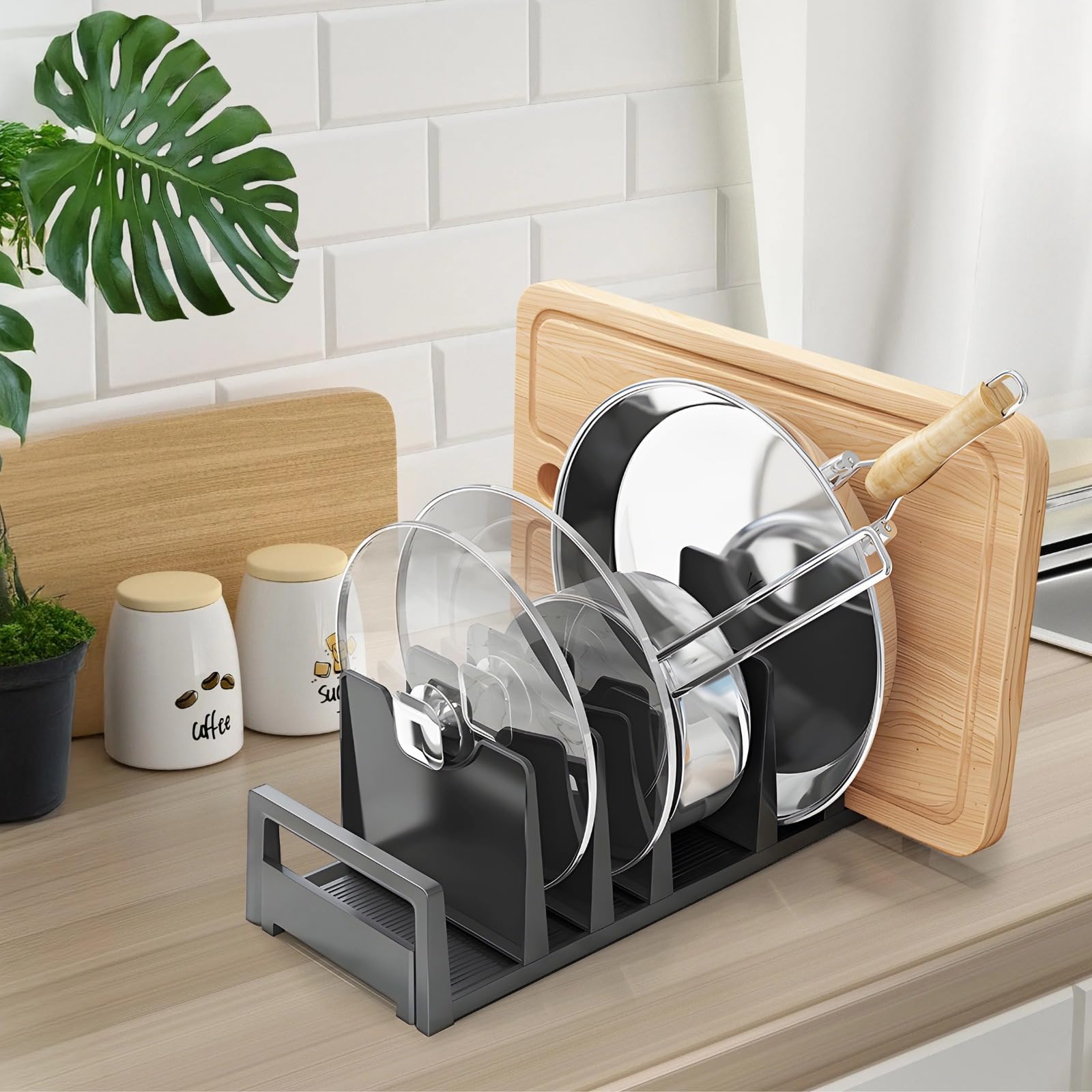 Topfdeckelhalter mit 6 Schlitzen, Küchenregal, Aluminiumlegierung und ABS für Topfdeckel und Schneidebrett-Aufbewahrung