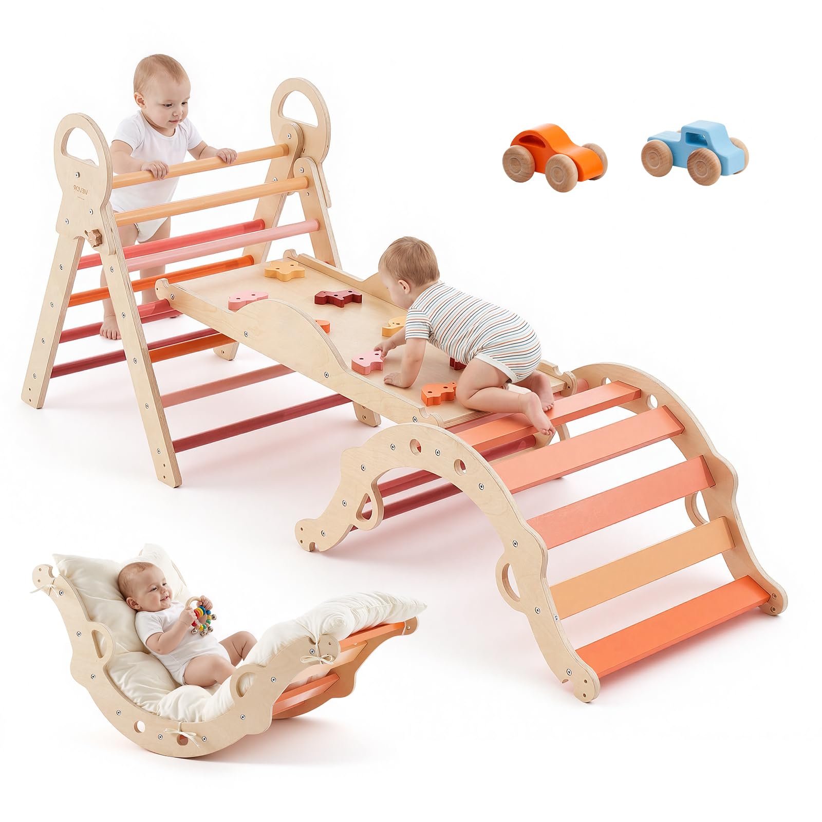 VEVOR Kletterdreieck, 9-in-1 Kletterspielzeug, mit Holzautos, Kissen, Kletterdreieck, Rutsche & Kletterbogen, bis 68 kg, Montessori Indoor Spielset für Kinder im Alter von 1 bis 3 Jahren, Orange