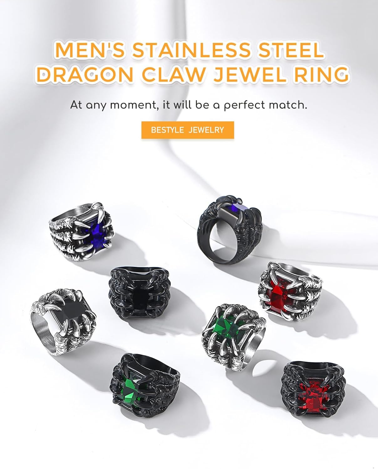 Bestyle Chunky Gothic Dragon Signet Ring with Synthetic Gemstone, Trendy Vintage Men's Thumb Finger Pinky Ring, Gift for Him, Size 7-14 - Image 3