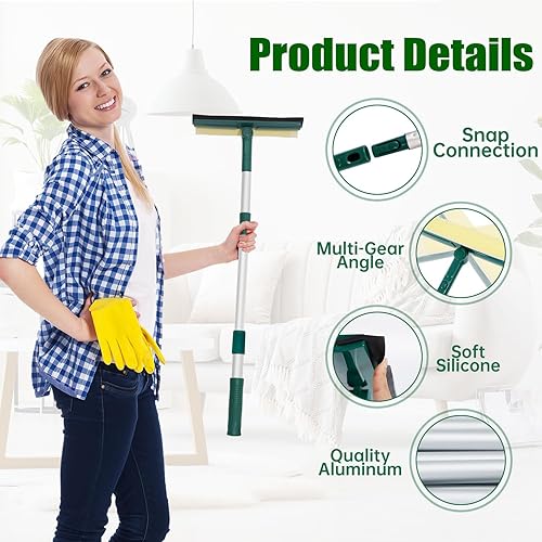 Miniatura 8 de Escobilla para limpieza de ventanas con mango largo de 60 pulgadas, esponja limpiadora de ventanas 2 en 1 y goma de hoja de doble cara, herramienta