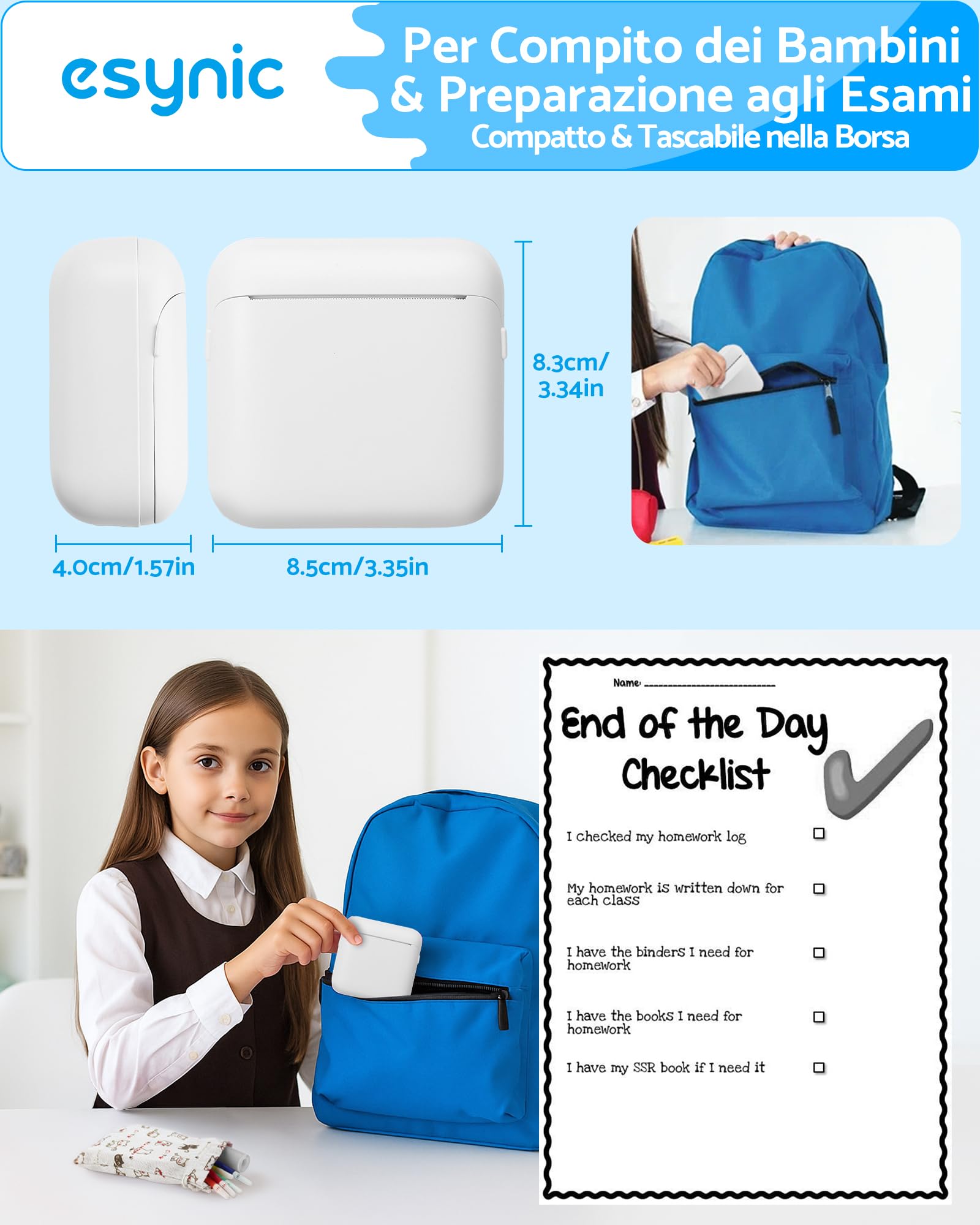 eSynic Mini Stampante Termica Portatile Bluetooth Ricaricabile Bianco con 10 Rotoli Carta e 6 Pennarelli