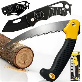 Kit Profissional Serrote Dobrável + Canivete Inox – Lâmina Afiada, Trava e Empunhadura Ergonômica – Ferramentas EDC Portáteis d Bolso para Camping, Jardinagem, Churrasco, Trilha, Pesca e Emergência