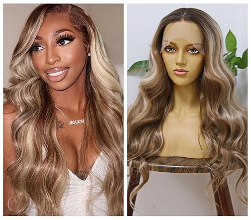 mszyhuwan Pelucas sintéticas onduladas con reflejos rubios platinados color marrón degradado para mujer peluca de encaje frontal HD fibras