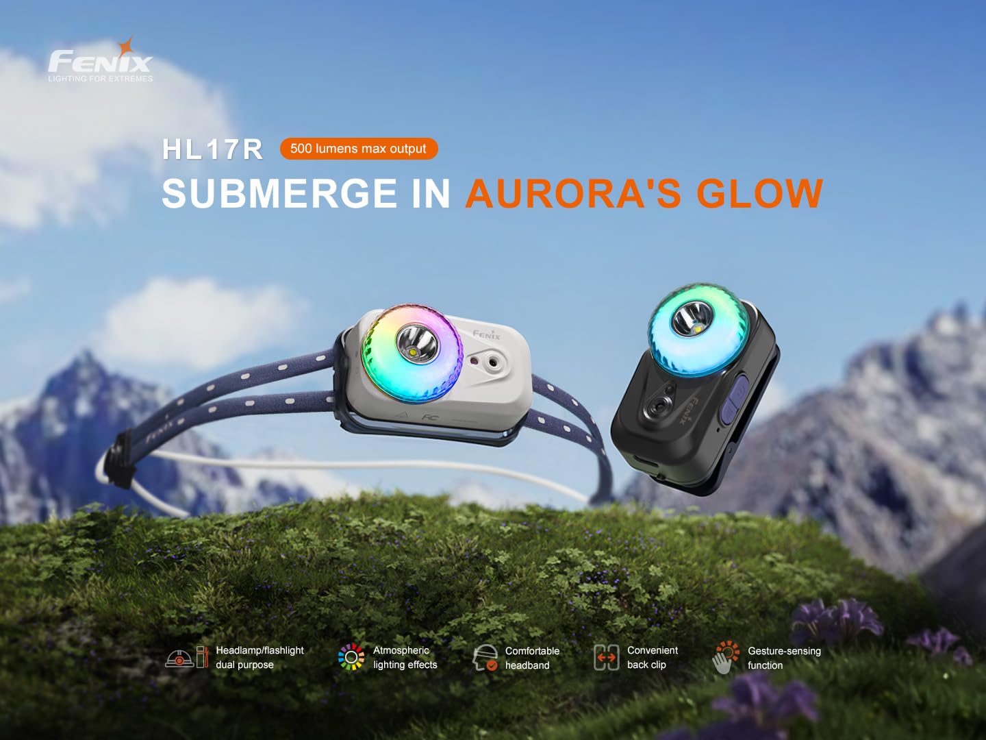 Fenix HL17R Stirnlampe LED Wiederaufladbar,500 Lumen,USB-C Aufladbar,100M,IP66 Wasserdicht Gestenerkennung Kopflampe,Rotlicht+Mehrfarbigem Licht,96.8 Stunden max,Leicht Outdoor Laufen Joggen(Black)