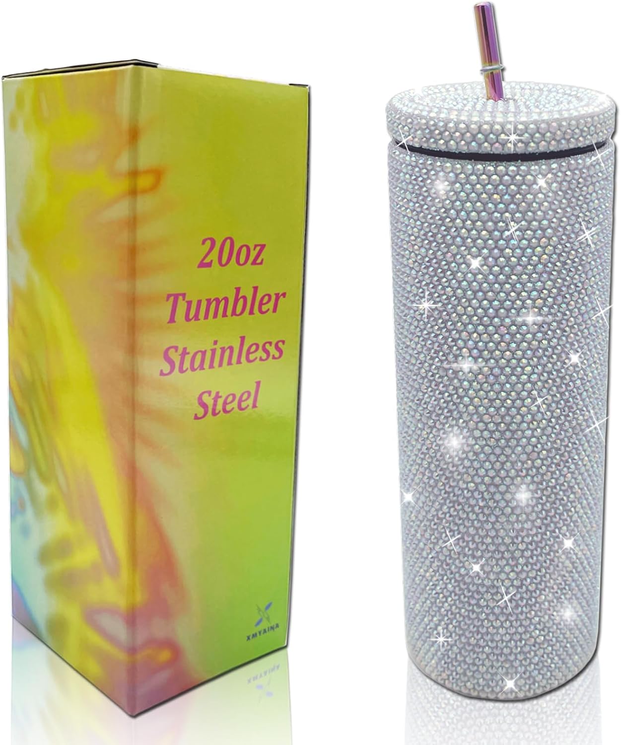 XMYAINA 20oz Bling Diamond Tumbler with Lid and Straw Studded Skinny Tumbler Stainless Steel Vacuum Insulated Water Bottle Double Wall Iced Coffee Mug Reusable Glitter Cups (Milk AB)
