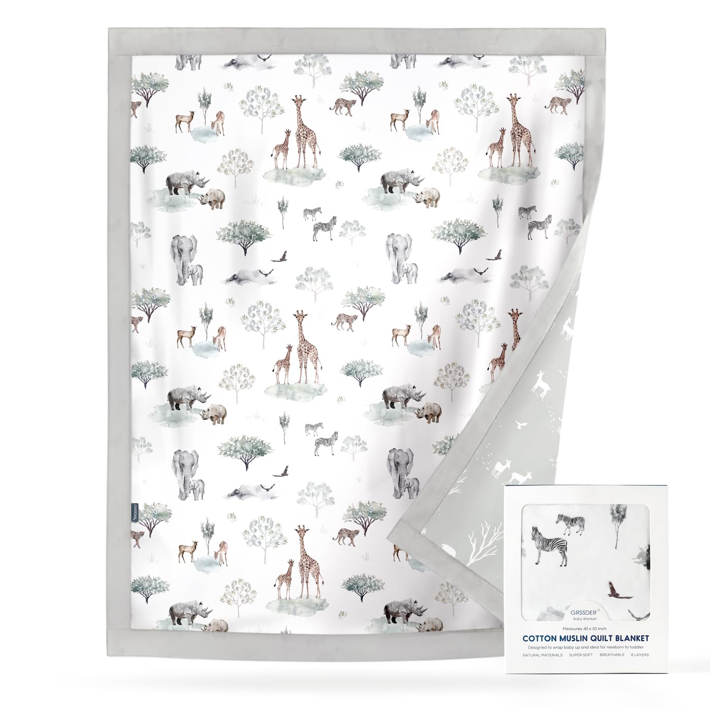 GRSSDER Muslin Cotton Quilt Blanket - Silky Soft and Breathable Baby Blanket Quilt, Oversized Muslin Blankets for Newborns, Toddlers &amp; Kids, 6 Layers Reversible Design for All Seasons, 40" x 50"