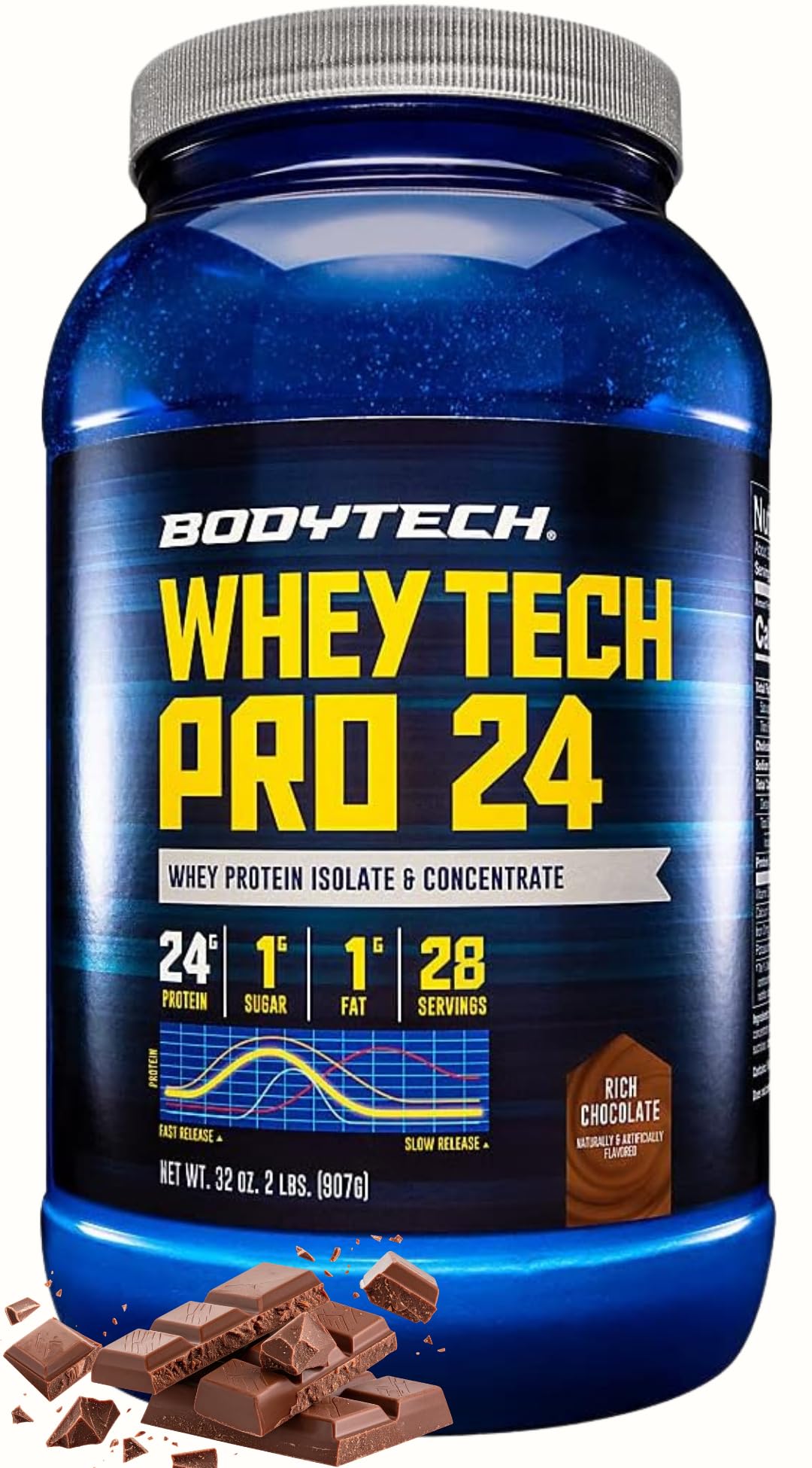 BodyTech Whey Tech Pro 24 Protein Powder - 24g Protein per Serving - Rich Chocolate (2 lb, 28 Servings)