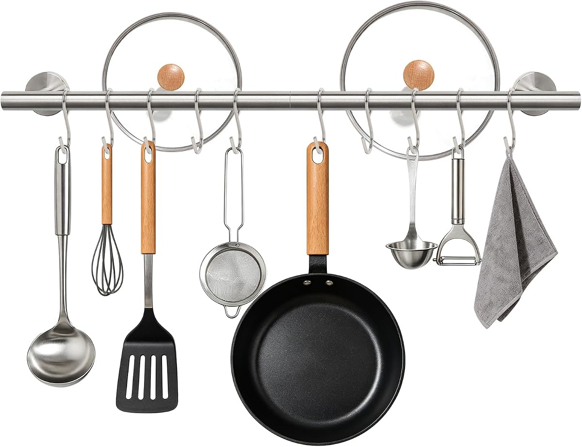 24 Inch Kitchen Utensil Rack, SUS304 Stainless Steel Pot and Pan Hanging Rail with 10 Sliding Hooks, Heavy Duty Wall Mounted Hanger and Organizer for Cookware, Mugs, Lids (Brushed Nickel)