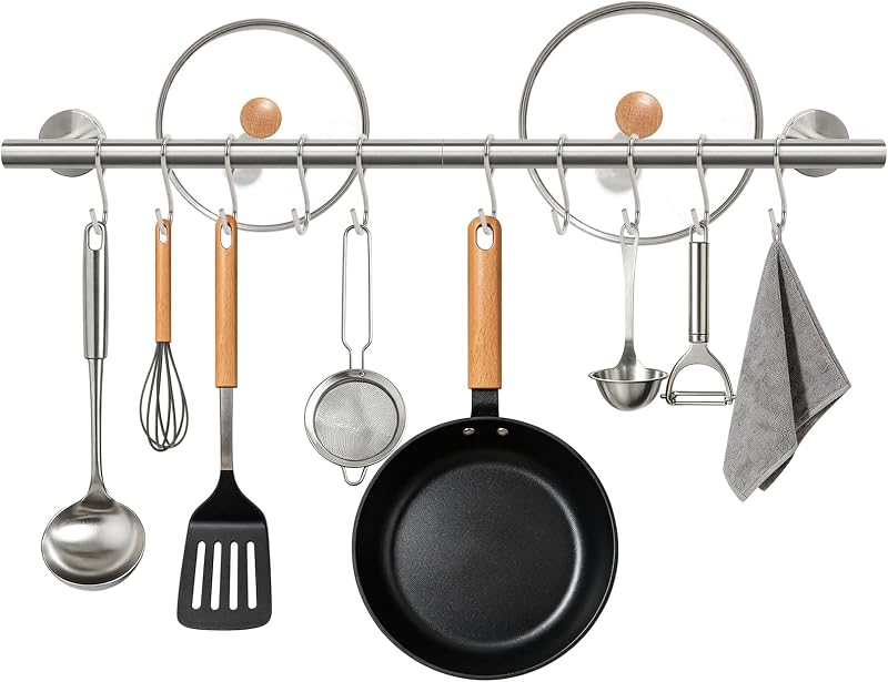24 Inch Kitchen Utensil Rack, SUS304 Stainless Steel Pot and Pan Hanging Rail with 10 Sliding Hooks, Heavy Duty Wall Mounted Hanger and Organizer for Cookware, Mugs, Lids (Brushed Nickel)