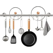 24 Inch Kitchen Utensil Rack, SUS304 Stainless Steel Pot and Pan Hanging Rail with 10 Sliding Hooks, Heavy Duty Wall Mounted Hanger and Organizer for Cookware, Mugs, Lids Brushed Nickel