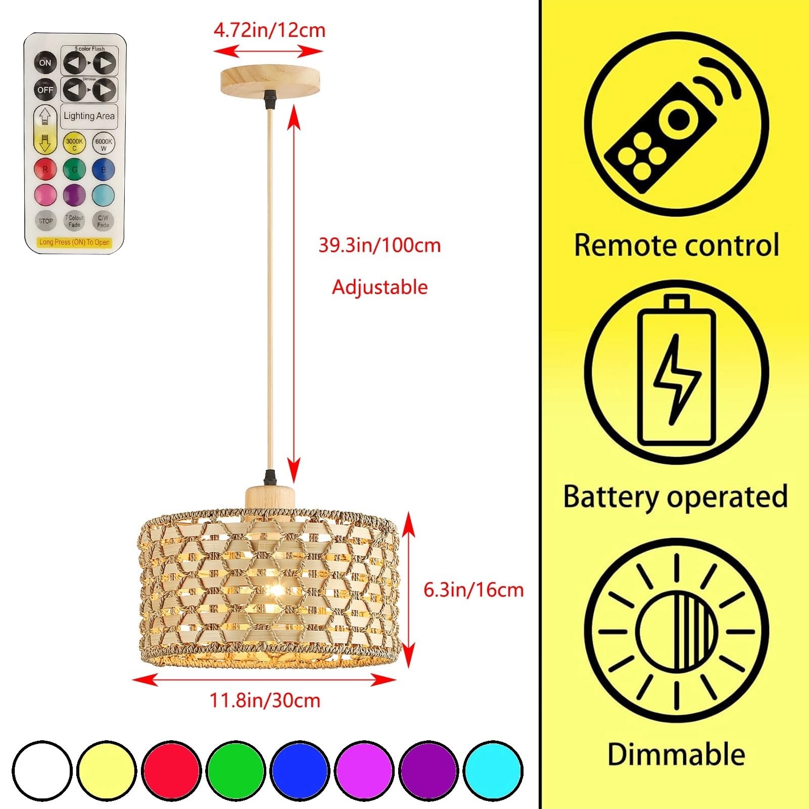 Boho rattan Hängelampe mit batterie,Innen batteriebetriebene Pendelleuchte mit Fernbedienung,Ohne Stromanschluss Hängelampen mit wiederaufladbarer Lichtquelle,Pendellampe mit RGB Farben dimmbar.