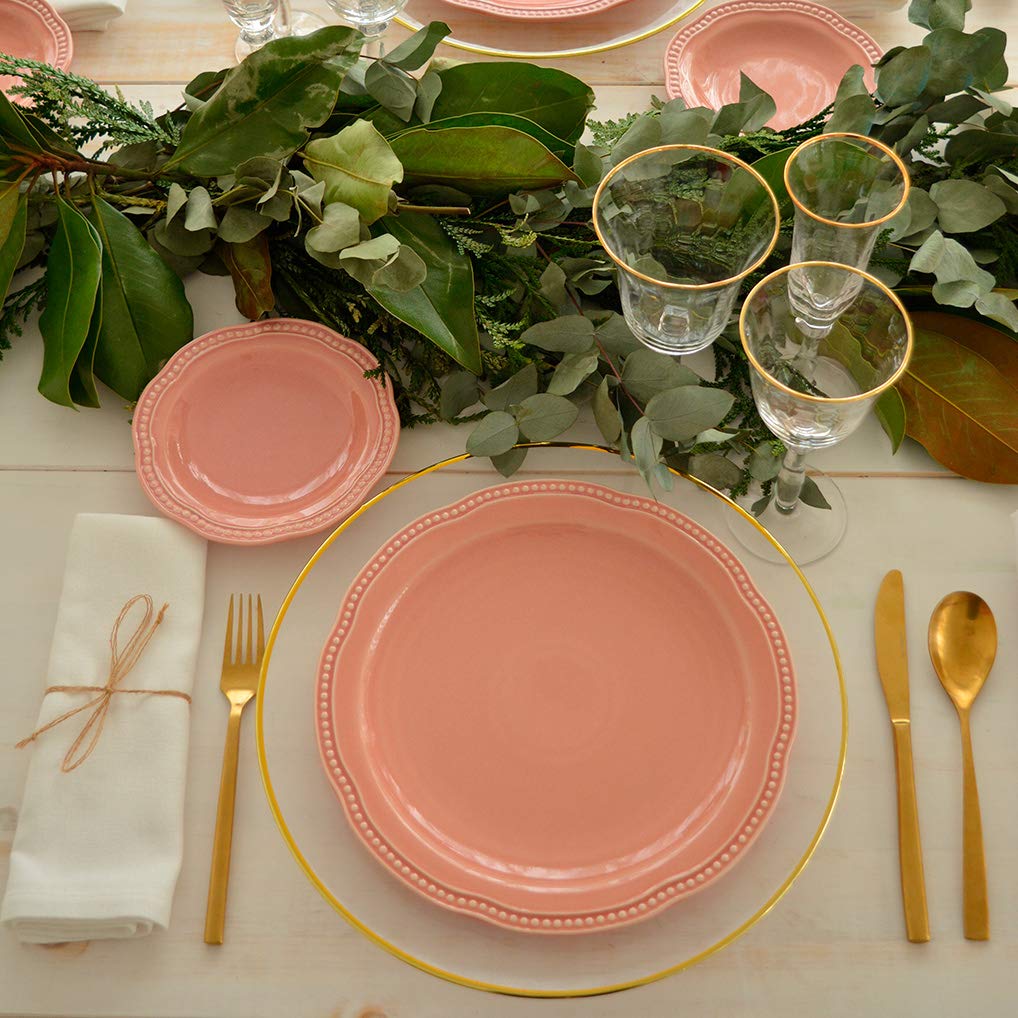 Vajilla Florencia Color Rosa Formada por 18 Piezas: 6 Platos Hondos, 6 Platos Llanos y 6 Platos Postre. Fabricada en gres vitrificado con esmalte brillante.