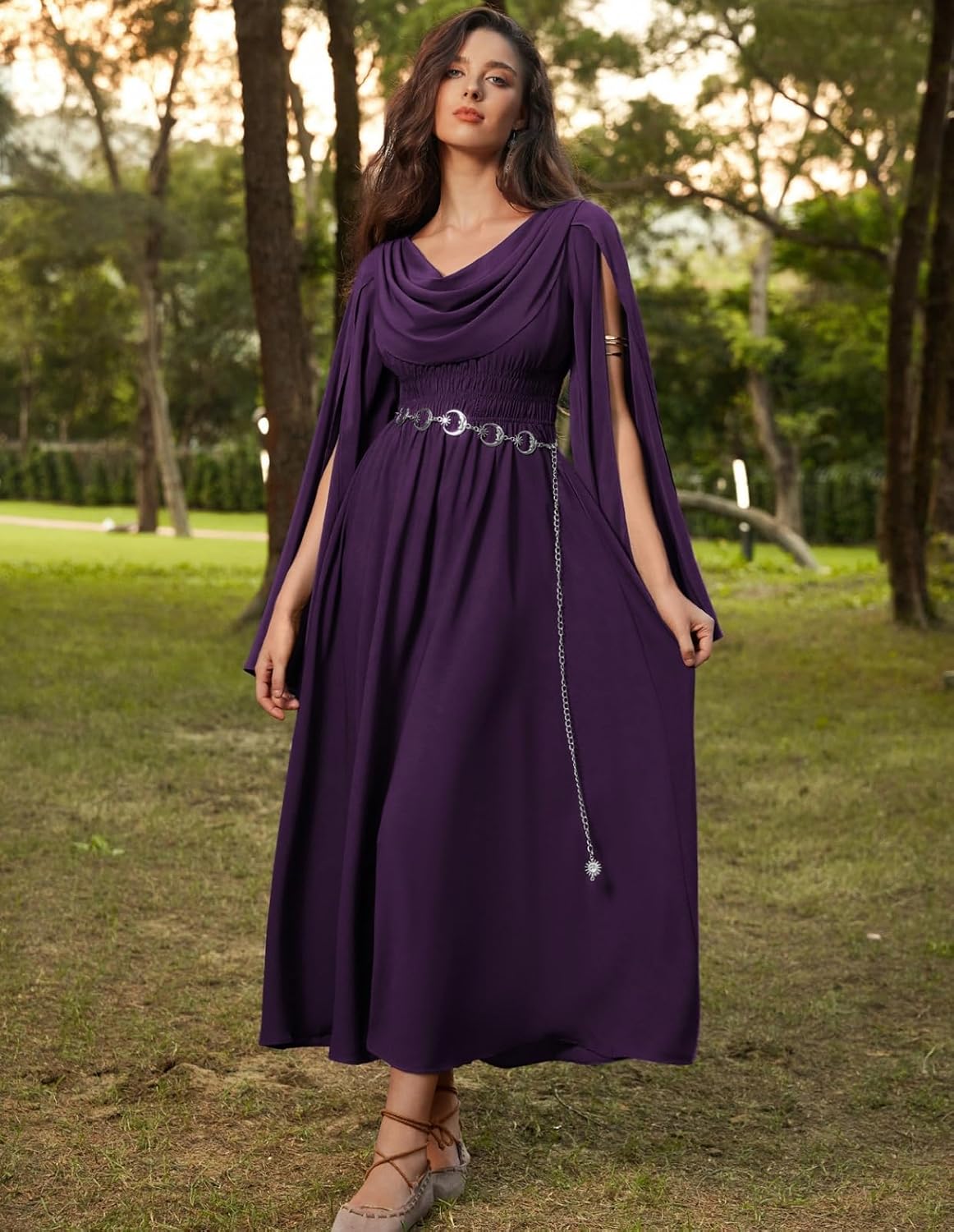 Scarlet Darkness Women Renaissance Dress Split Bell Sleeve Cowl Neck Peasant Medieval Dress - Image 4