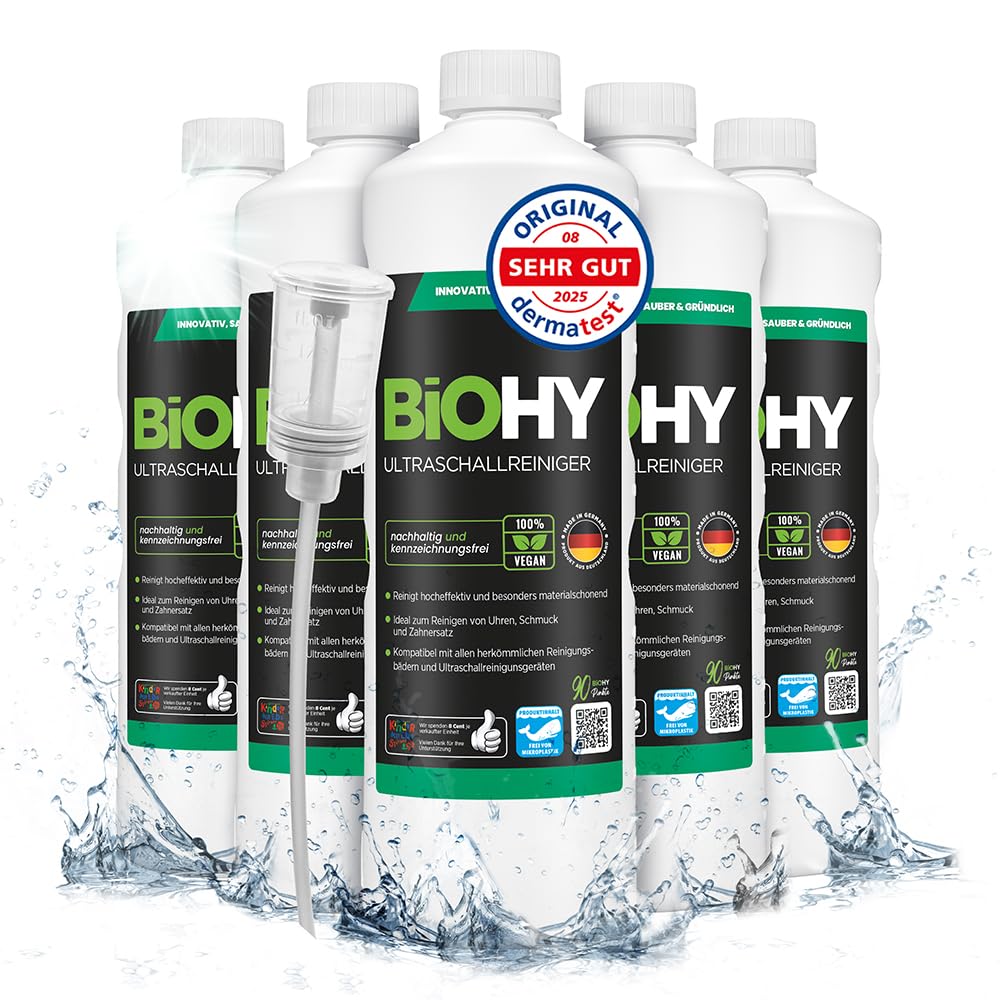 BiOHY Limpiador ultrasónico (6 botellas de 1 litro) + Dosificador | limpieza intensiva y suave de gafas, productos dentales, oro, monedas y joyas (Ultraschallreiniger)