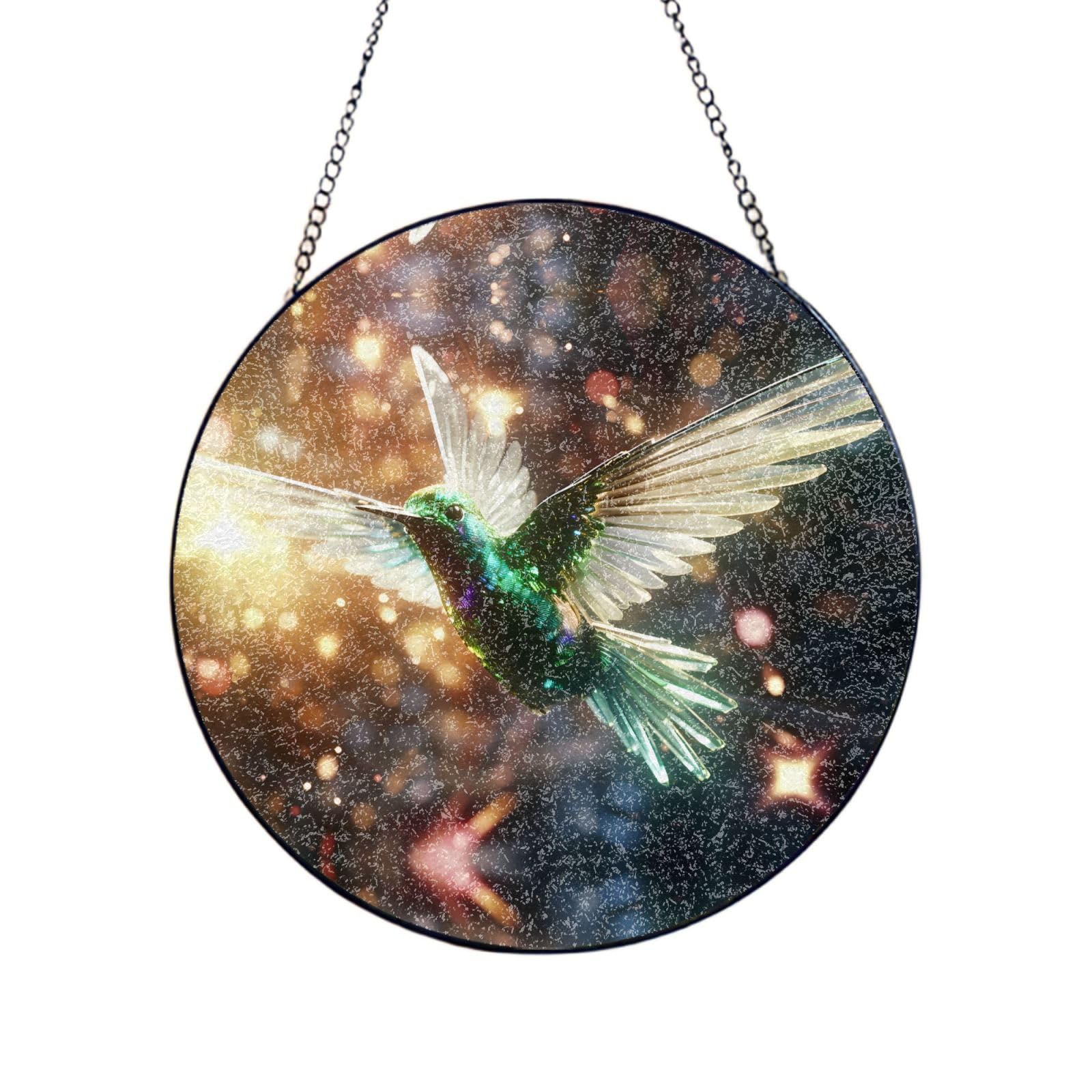 Phayah Blue Hummingbird Print Glass Window Hanging Round Suncatcher Glass Ornament Garden Wall Fence Decorations Indoor Outdoor 12in（30cm）