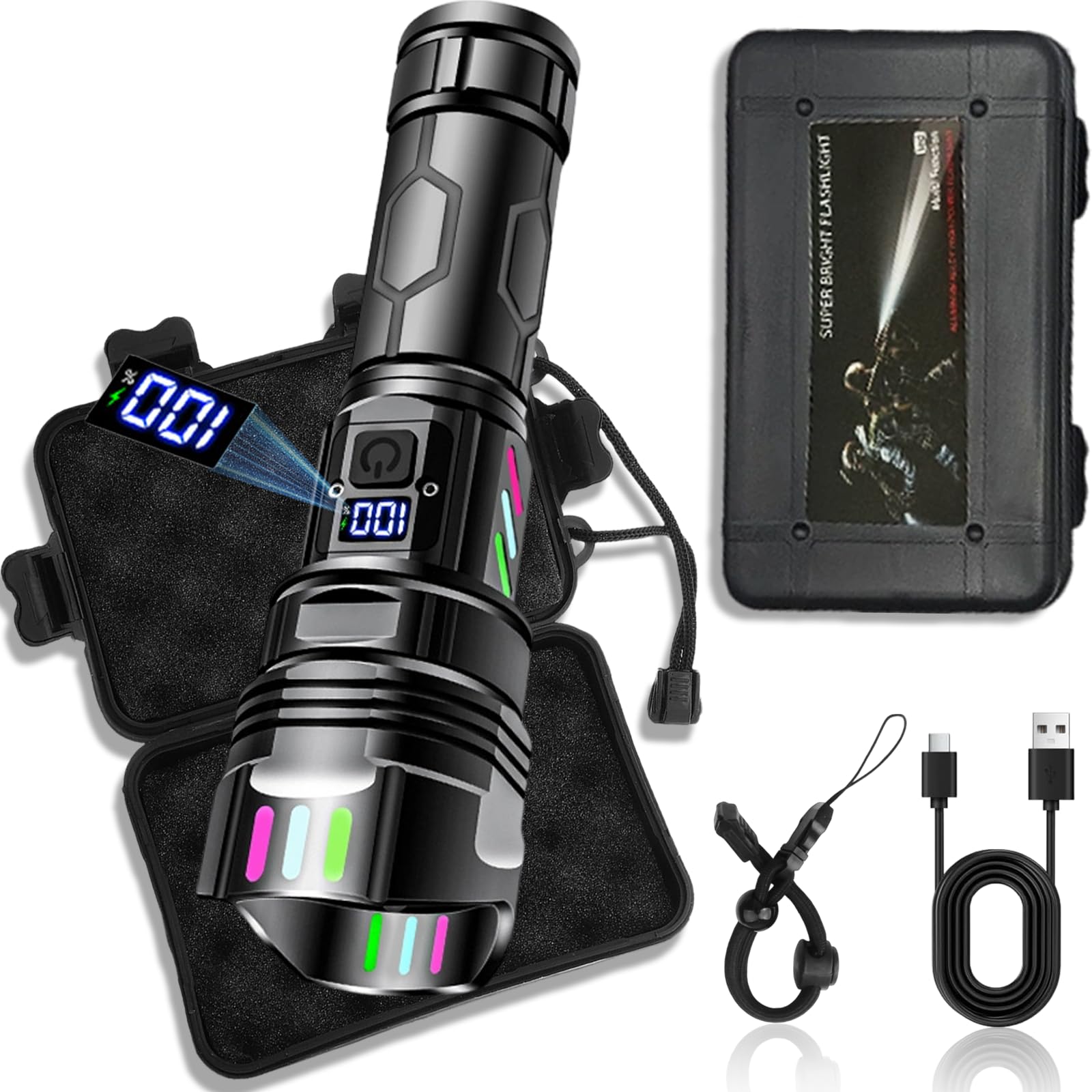 Linterna LED recargable súper brillante de 500000 lúmenes con pantalla LCD de alimentación, batería de 5000 mAh, zoom de larga distancia, impermeable y potente, 5 modos con cordón para camping