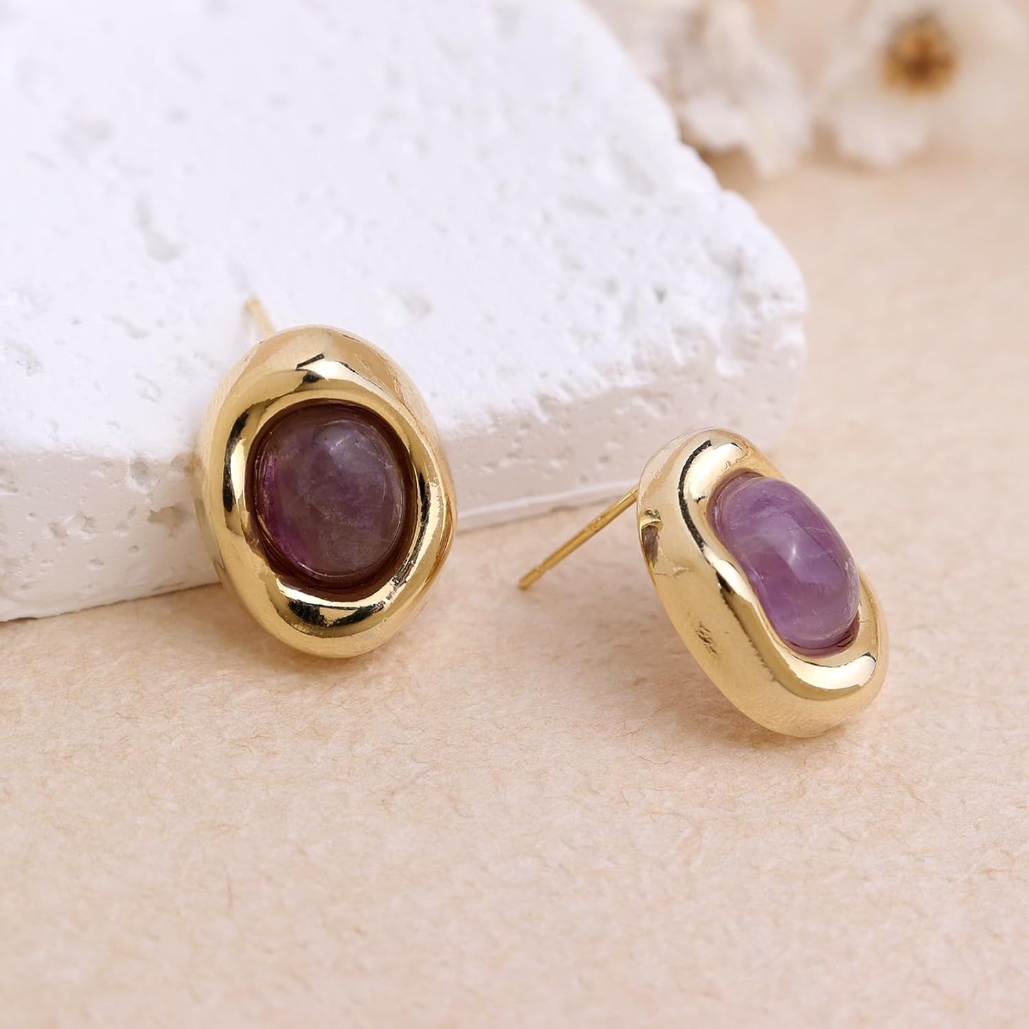 Jean Beau Chunky Gold Stone Stud Earrings for Women, Trendy Natural Gemstone Hypoallergenic Earing Valentine Jewelry Gift - Image 5