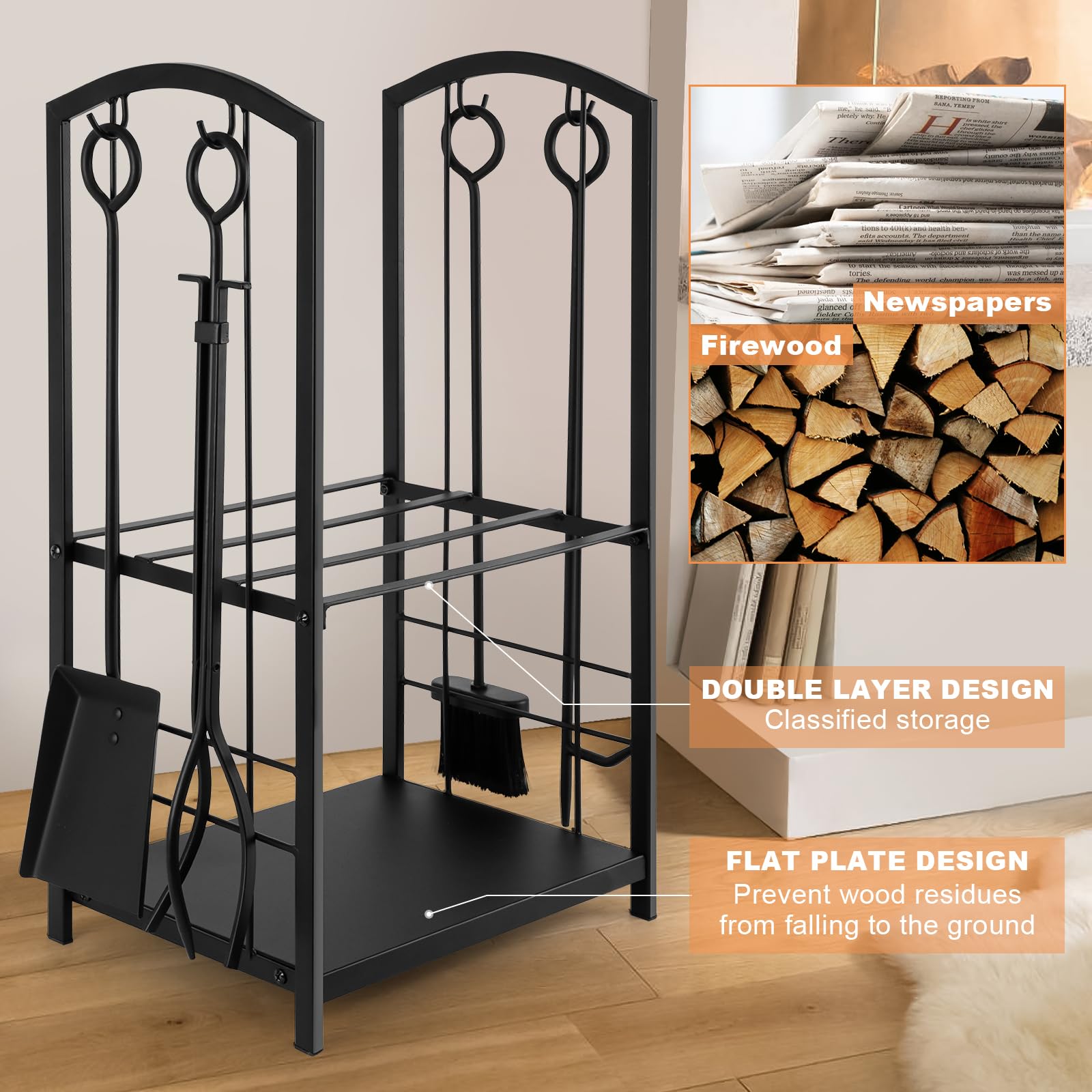 Gtongoko Firewood Rack Fireplace Tools Set for Indoor Outdoor Use Log Holder Wrought Iron Includes Brush, Shovel, Poker and Tongs, Black Fireplace Accessories