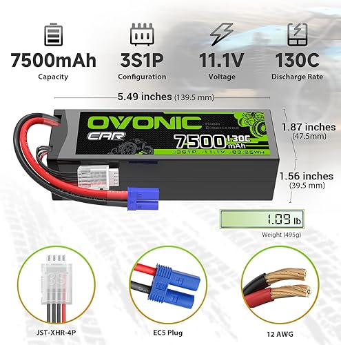 Miniatura 2 de OVONIC 3S LiPo Batería 7500mAh 11.1V 130C RC Batería con EC5 Conector