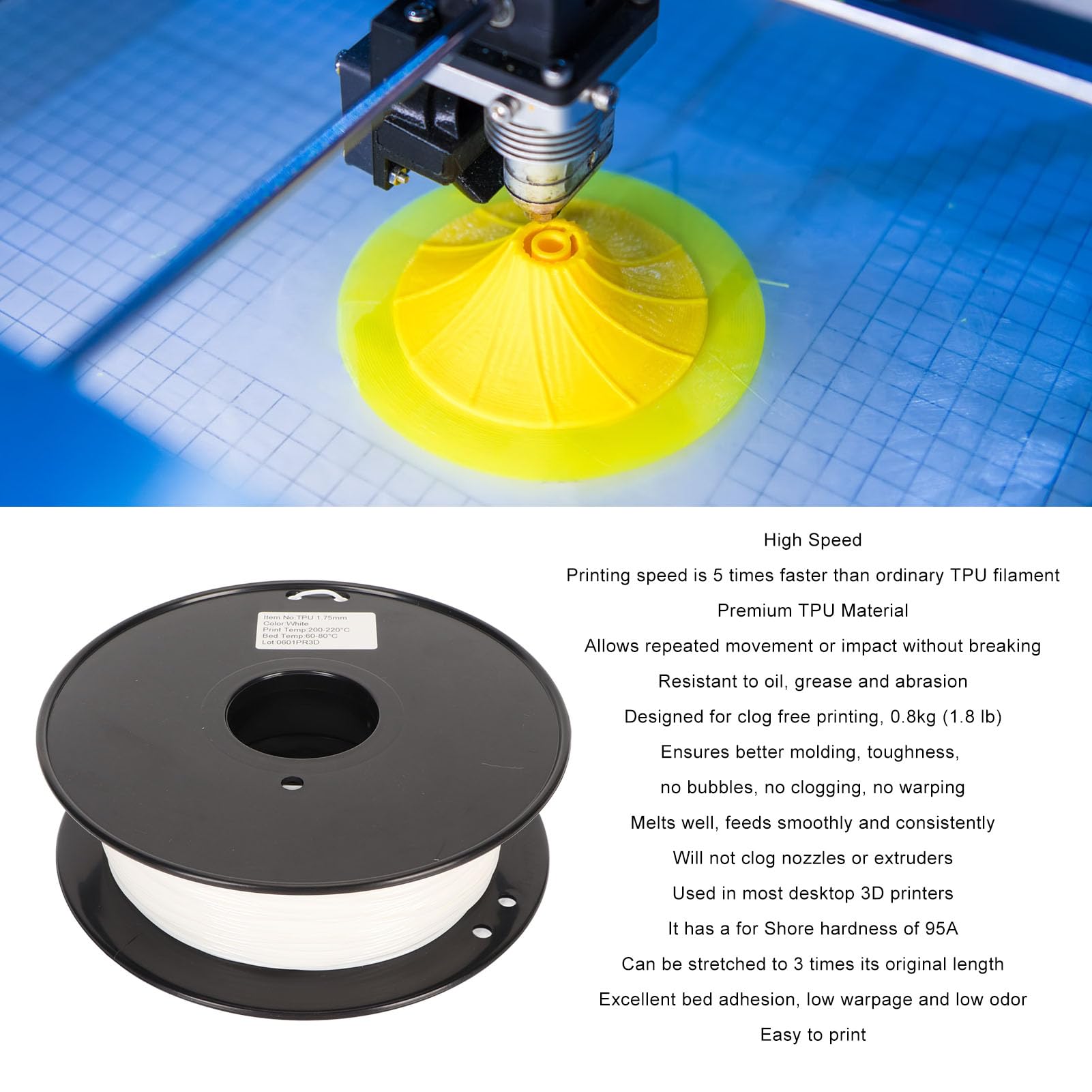 Jiawu Filament TPU o Grubości 1,75 Mm, do 5 Razy Szybsze Drukowanie, Brak Zatykania, Odporne Pochodne RepRap, do Etui na Breloki i Tłumienie Wibracji (WHITE)